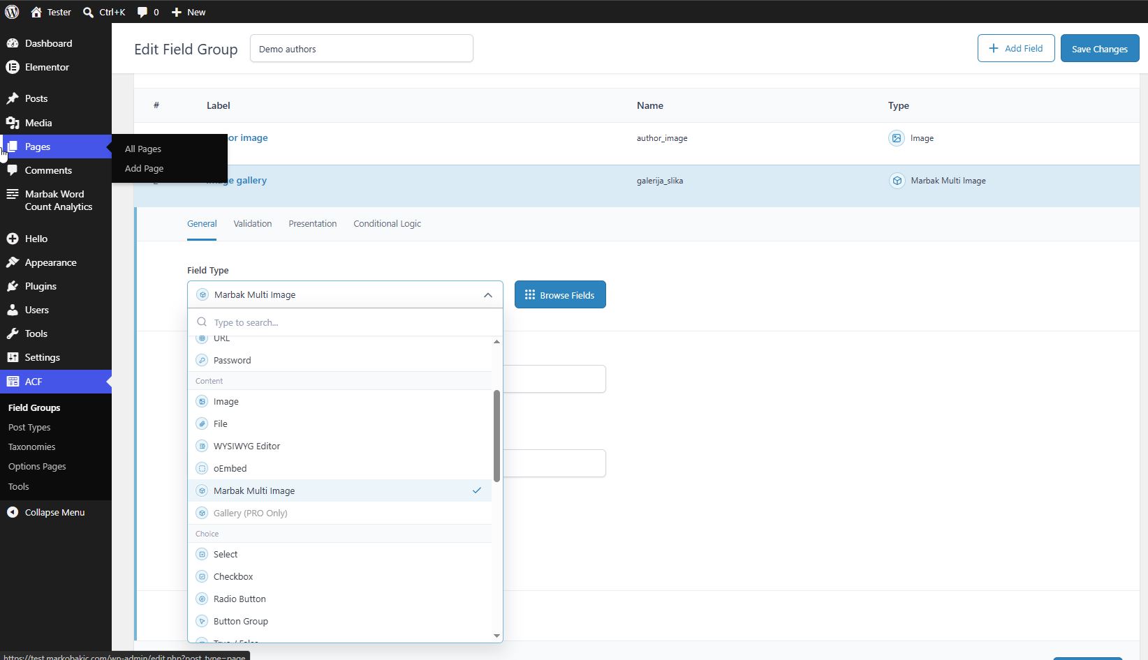 Marbak Multi Image appears as a custom field type inside ACF