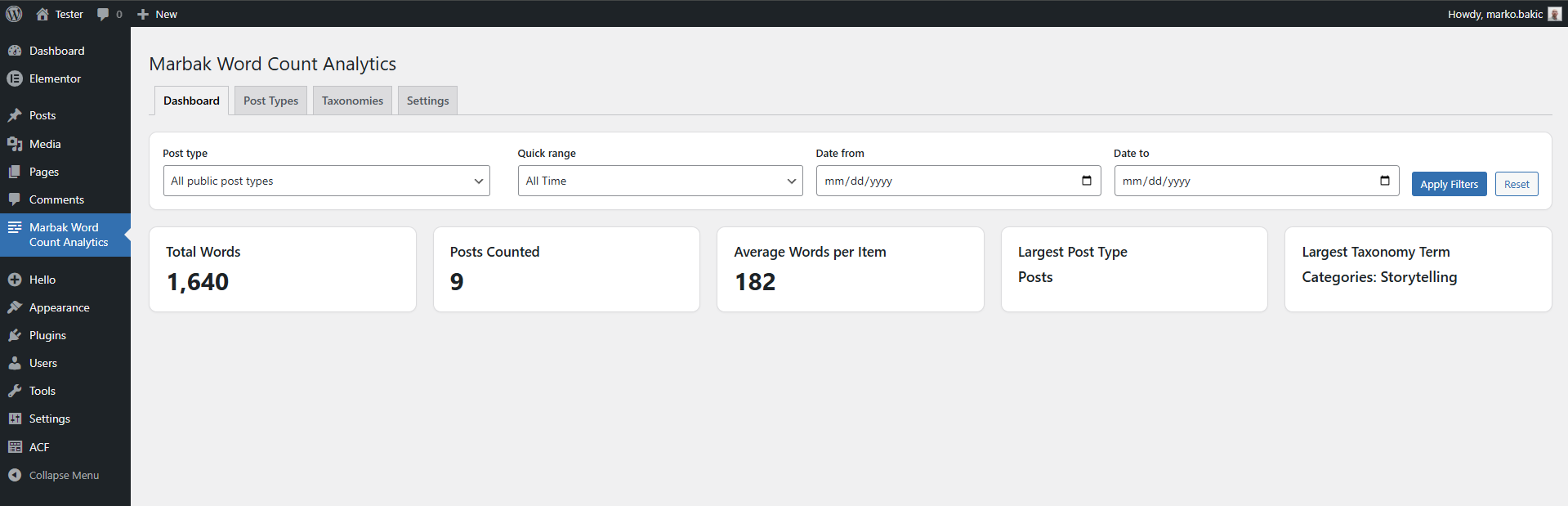 Dashboard overview with total words, post count, averages, and top content groups
