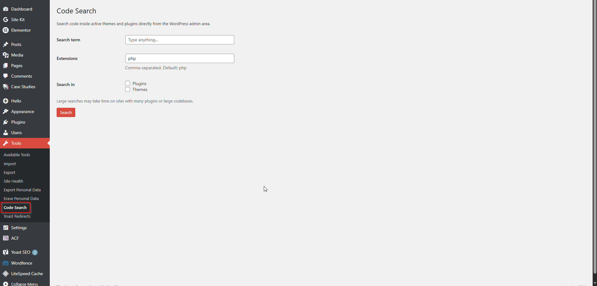 Admin Code Search appears under Tools → Code Search and provides a simple interface for searching active plugin and theme files directly from the WordPress dashboard.