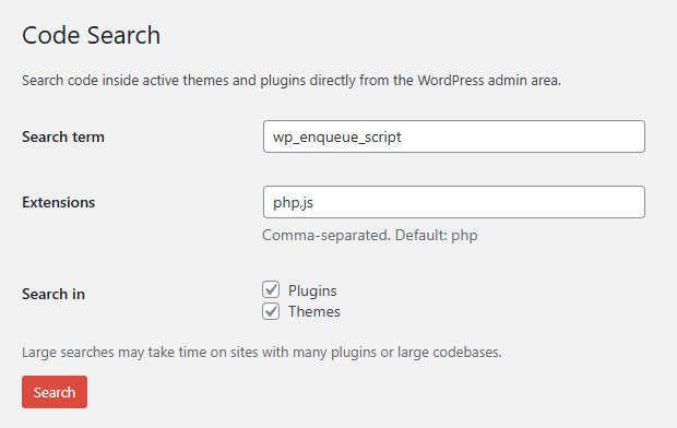 The search form supports custom file extensions and allows searches across active plugins and themes without leaving the WordPress admin area