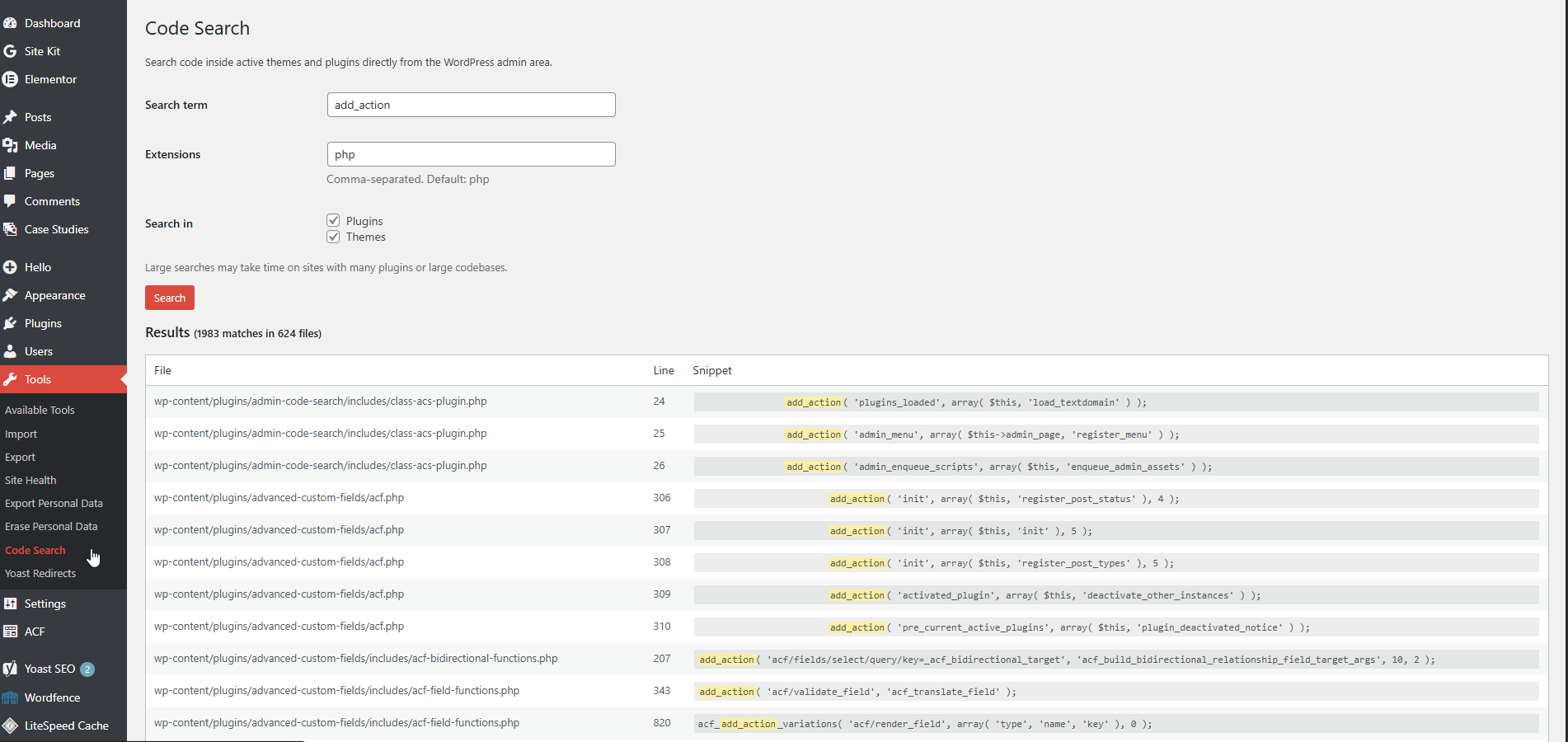 Searching for add_action() reveals every matching occurrence together with file paths, line numbers, and highlighted code snippets for quick navigation and debugging.