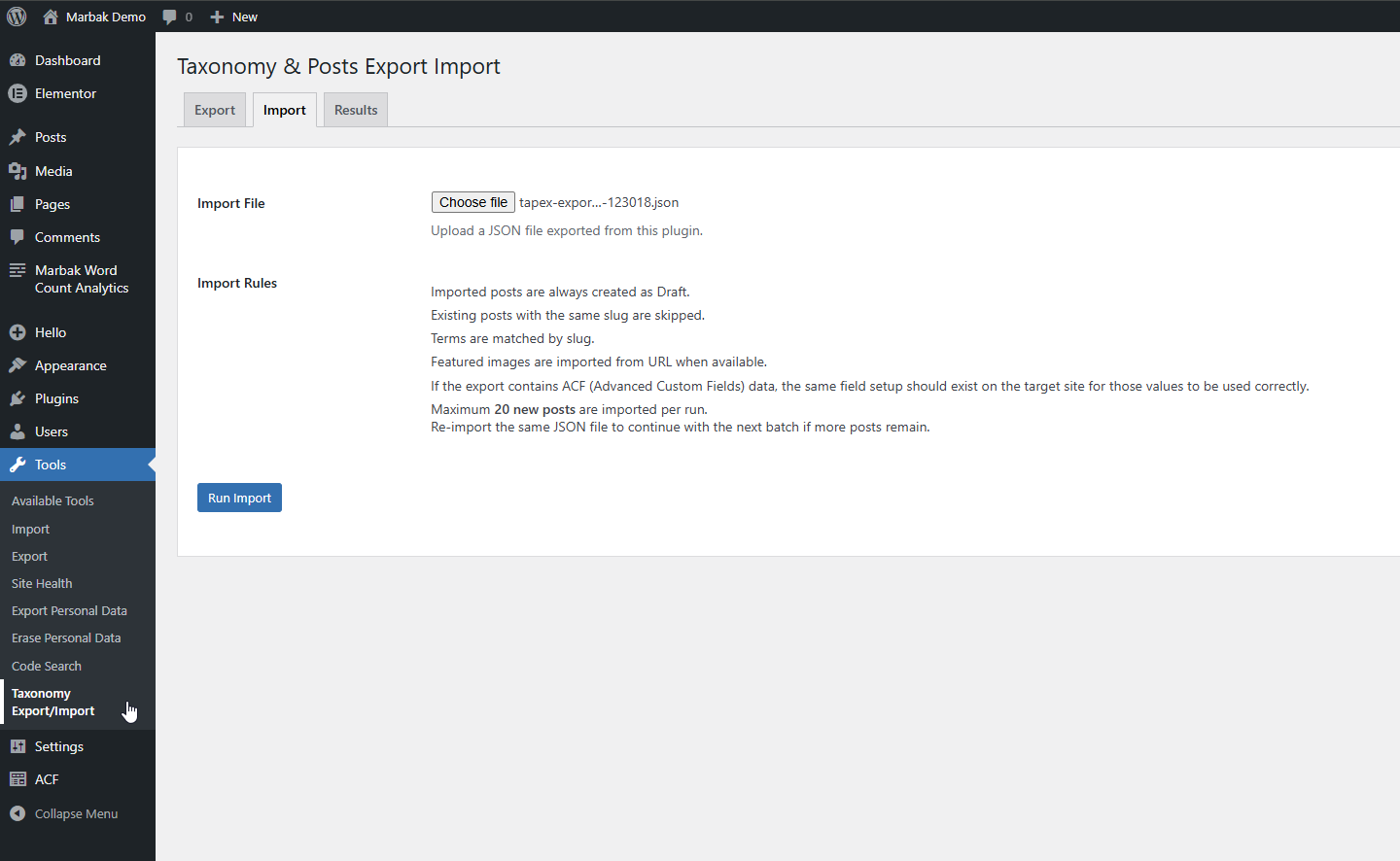 Import exported content safely into another WordPress website