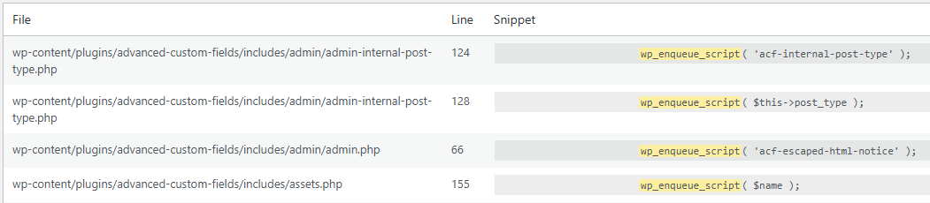 Results are displayed in a clean table format, making it easy to locate functions such as wp_enqueue_script() across large codebases