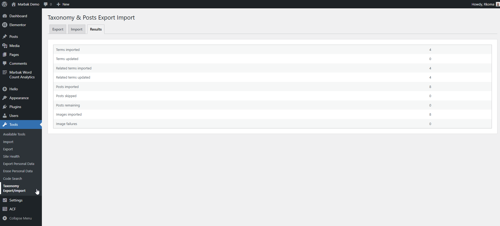 Track imported terms, posts, and media through a detailed results summary